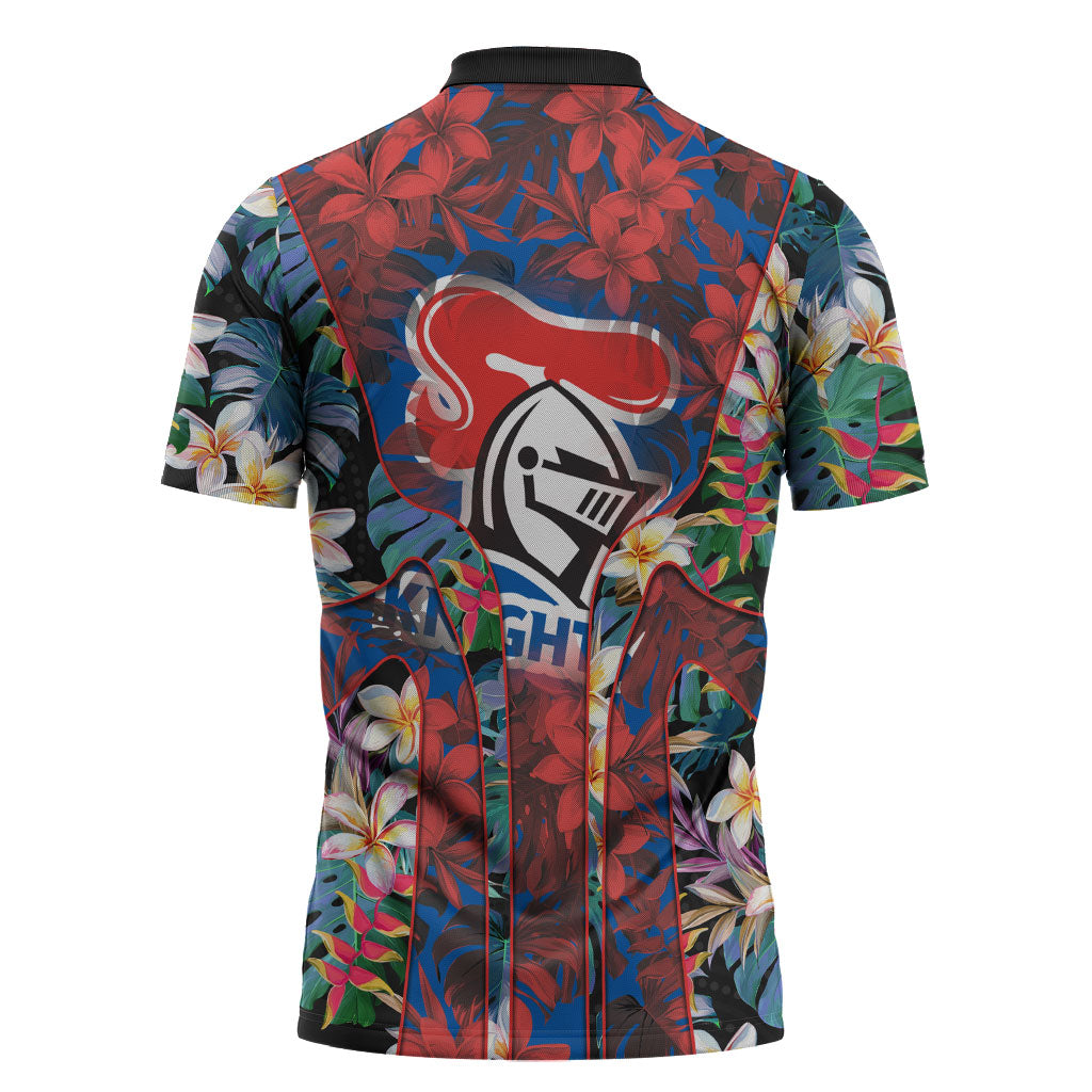Newcastle Knights Zipper Polo Shirt Tropical Hibiscus Floral Pattern With Blue And Red Accents