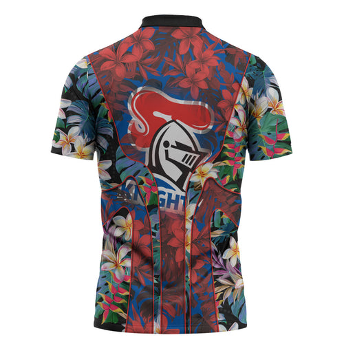 Newcastle Knights Zipper Polo Shirt Tropical Hibiscus Floral Pattern With Blue And Red Accents