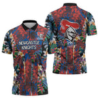 Newcastle Knights Zipper Polo Shirt Tropical Hibiscus Floral Pattern With Blue And Red Accents