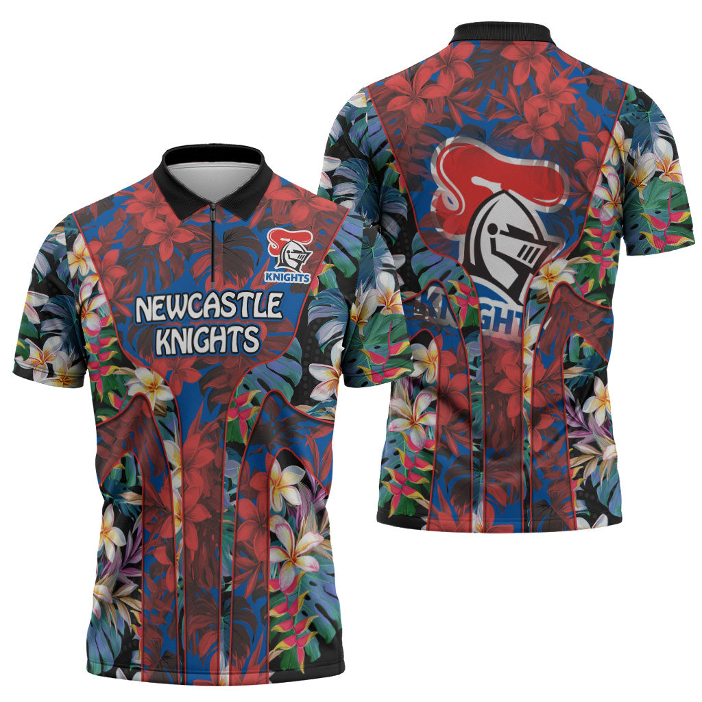 Newcastle Knights Zipper Polo Shirt Tropical Hibiscus Floral Pattern With Blue And Red Accents