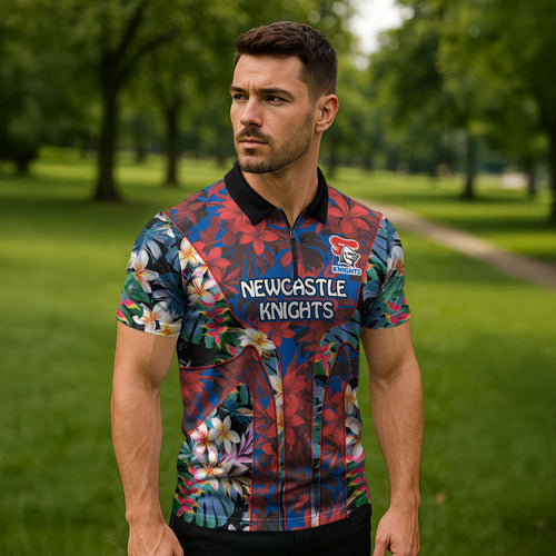 Newcastle Knights Zipper Polo Shirt Tropical Hibiscus Floral Pattern With Blue And Red Accents