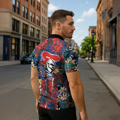 Newcastle Knights Zipper Polo Shirt Tropical Hibiscus Floral Pattern With Blue And Red Accents