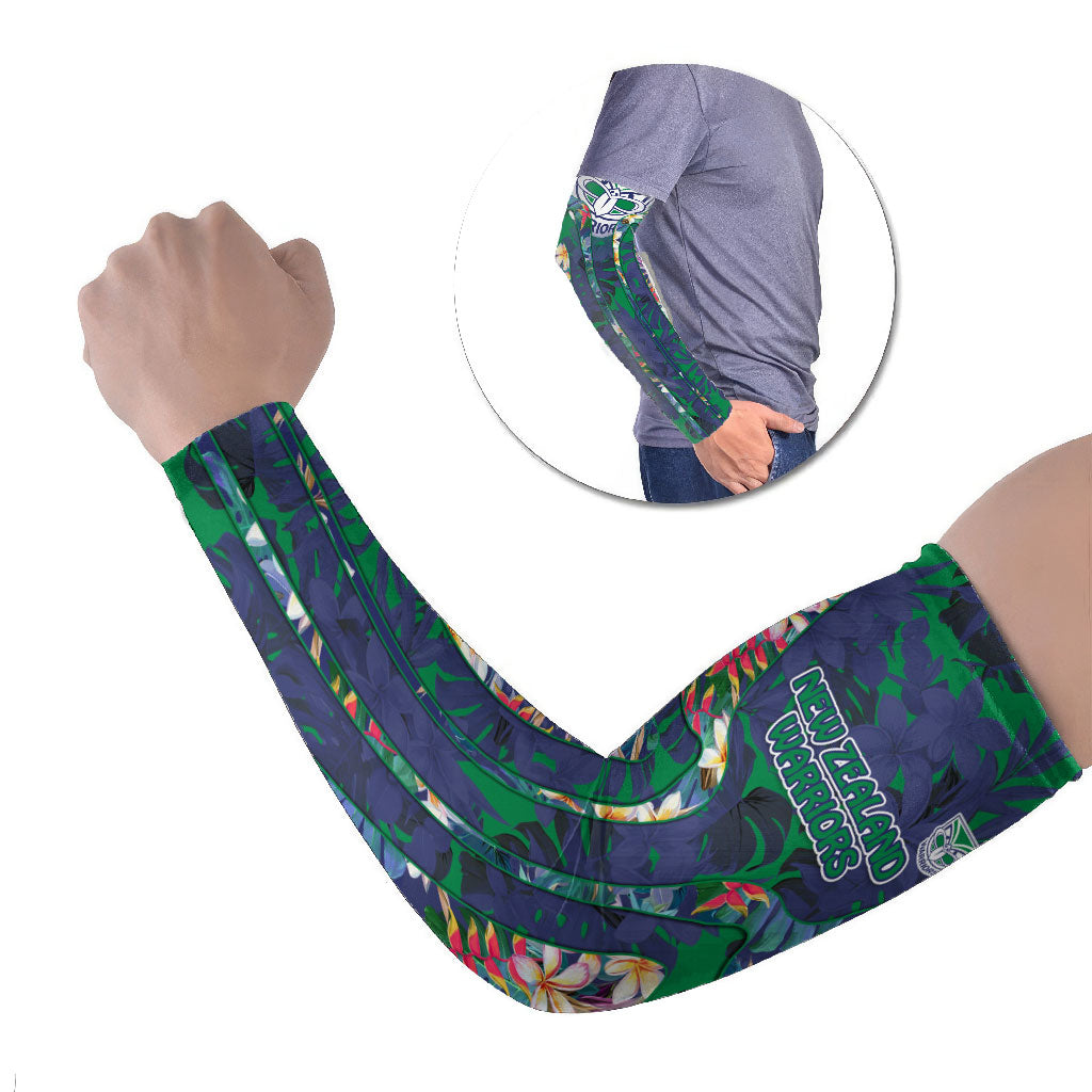 New Zealand Warriors Arm Sleeves Tropical Polynesian Floral Pattern With Green And Blue Accents