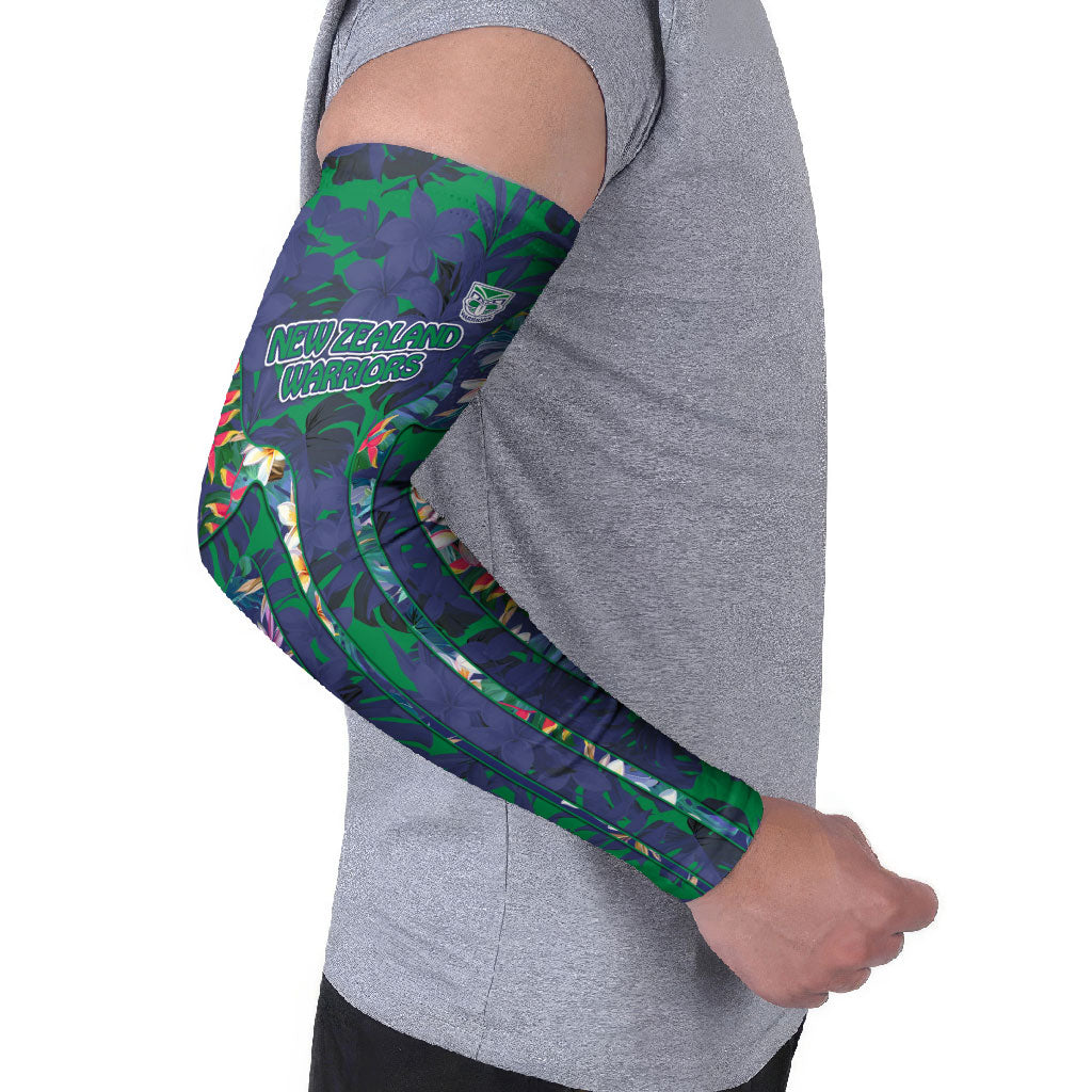 New Zealand Warriors Arm Sleeves Tropical Polynesian Floral Pattern With Green And Blue Accents