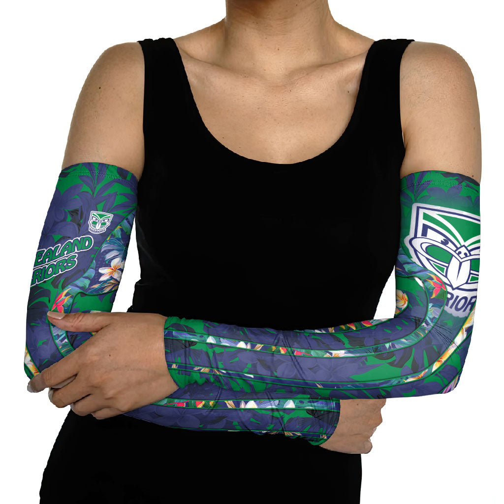 New Zealand Warriors Arm Sleeves Tropical Polynesian Floral Pattern With Green And Blue Accents