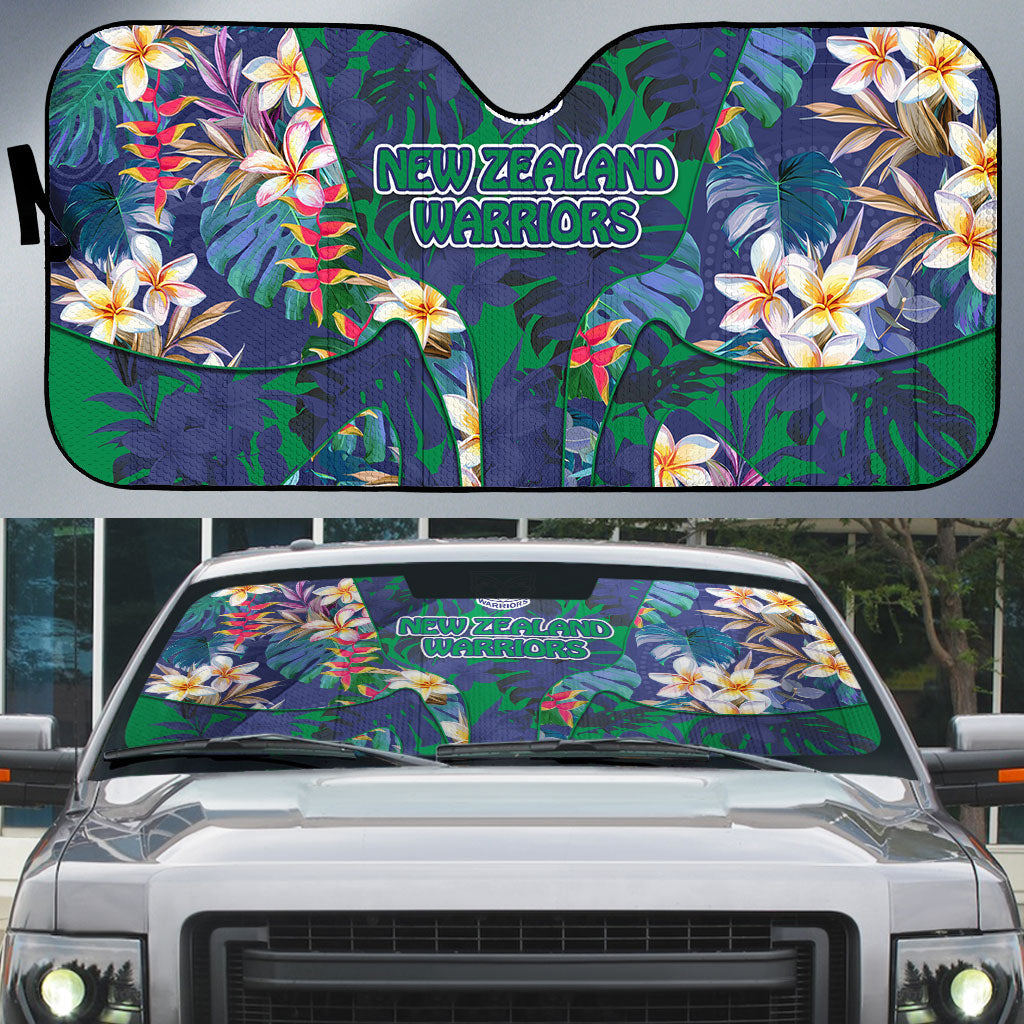 New Zealand Warriors Auto Sun Shade Tropical Polynesian Floral Pattern With Green And Blue Accents