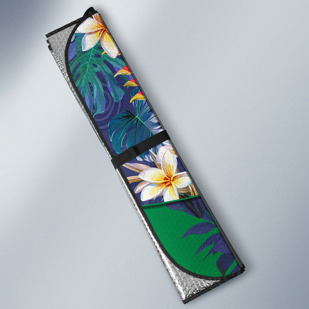 New Zealand Warriors Auto Sun Shade Tropical Polynesian Floral Pattern With Green And Blue Accents