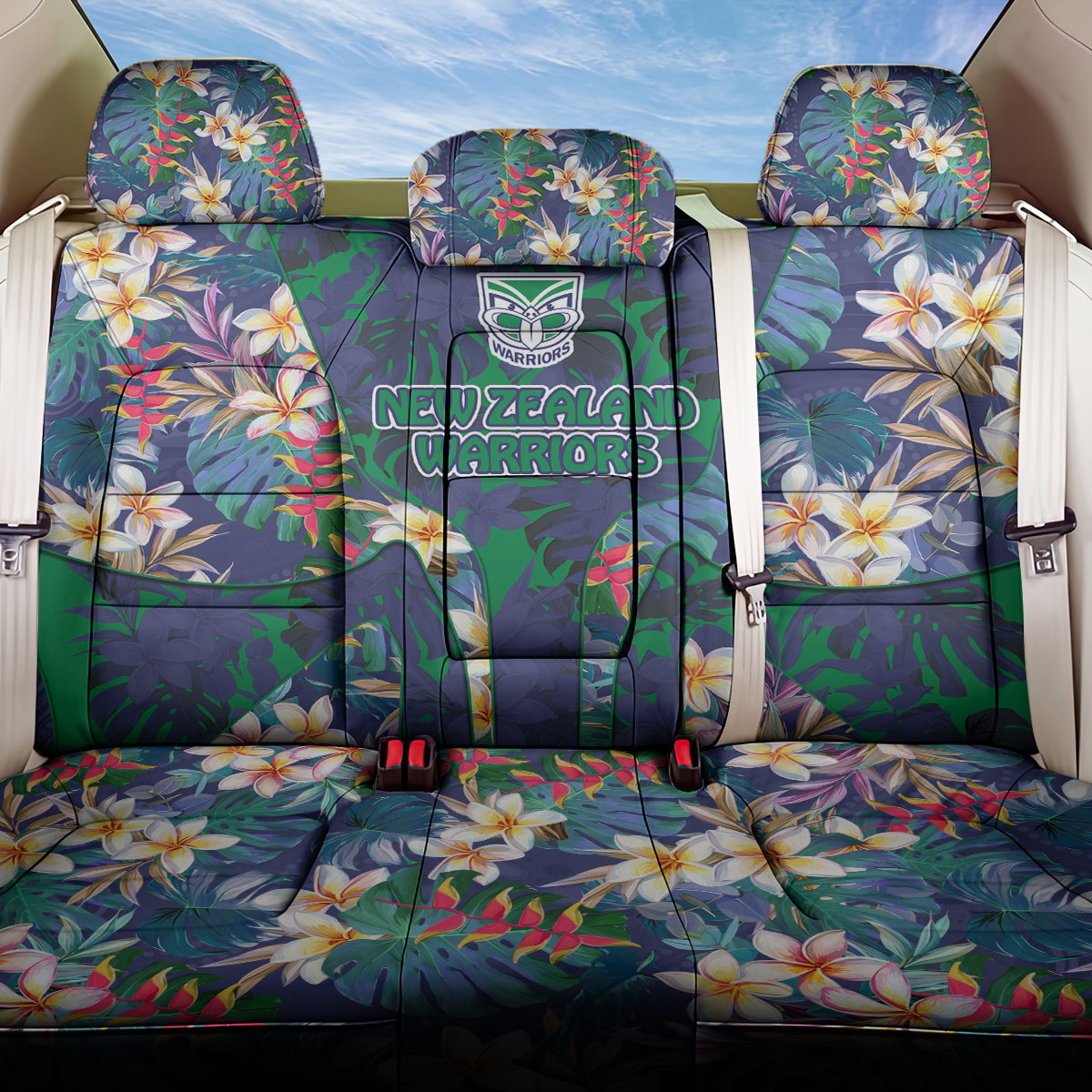 New Zealand Warriors Back Car Seat Cover Tropical Polynesian Floral Pattern With Green And Blue Accents