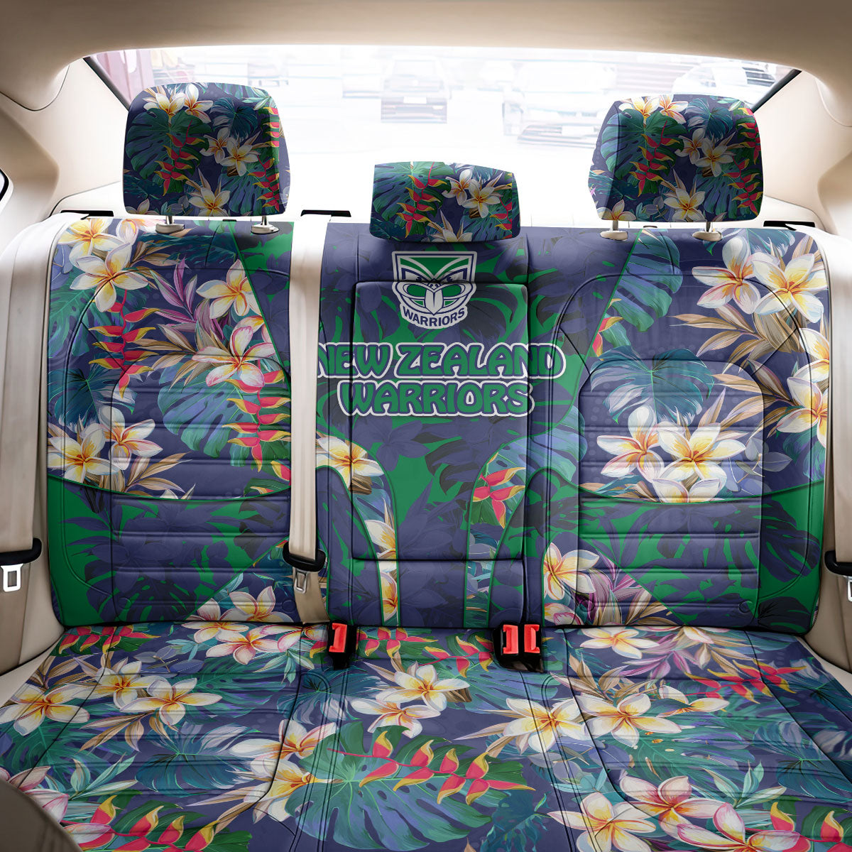 New Zealand Warriors Back Car Seat Cover Tropical Polynesian Floral Pattern With Green And Blue Accents