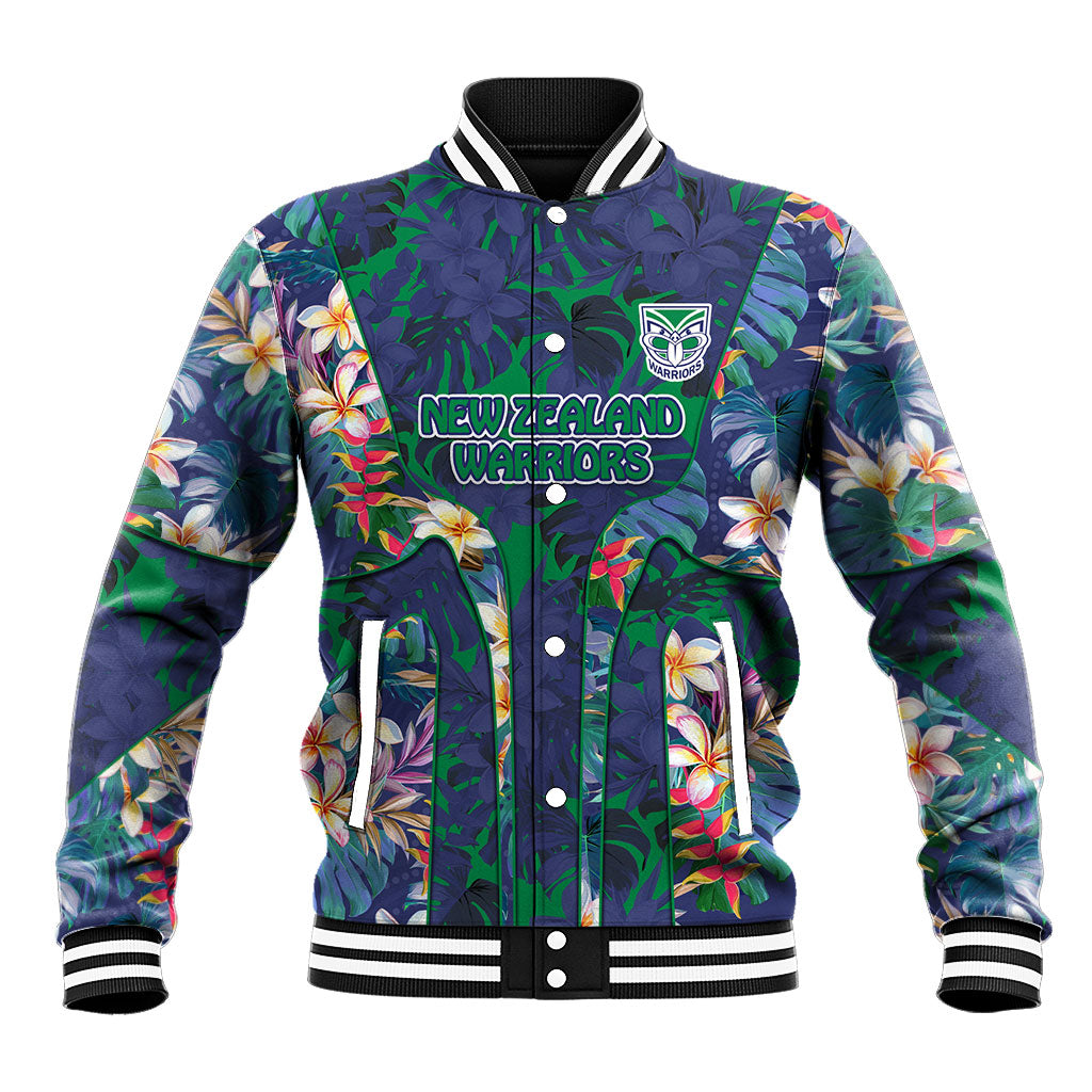 New Zealand Warriors Baseball Jacket Tropical Polynesian Floral Pattern With Green And Blue Accents