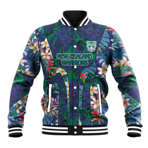 New Zealand Warriors Baseball Jacket Tropical Polynesian Floral Pattern With Green And Blue Accents