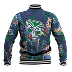 New Zealand Warriors Baseball Jacket Tropical Polynesian Floral Pattern With Green And Blue Accents