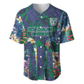 New Zealand Warriors Baseball Jersey Tropical Polynesian Floral Pattern With Green And Blue Accents