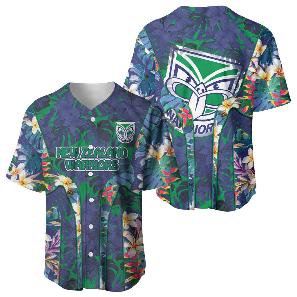 New Zealand Warriors Baseball Jersey Tropical Polynesian Floral Pattern With Green And Blue Accents