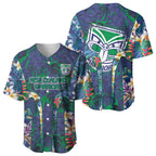 New Zealand Warriors Baseball Jersey Tropical Polynesian Floral Pattern With Green And Blue Accents
