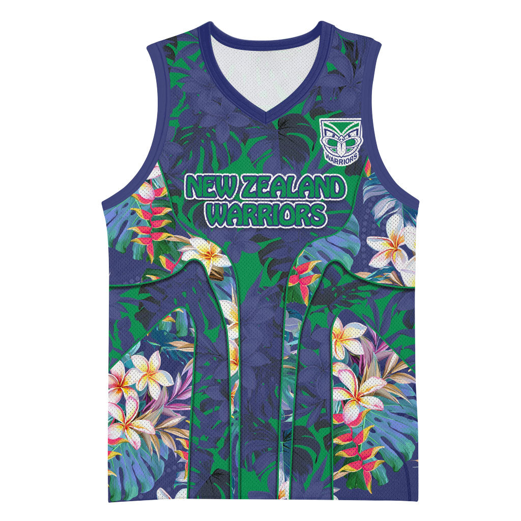 New Zealand Warriors Basketball Jersey Tropical Polynesian Floral Pattern With Green And Blue Accents
