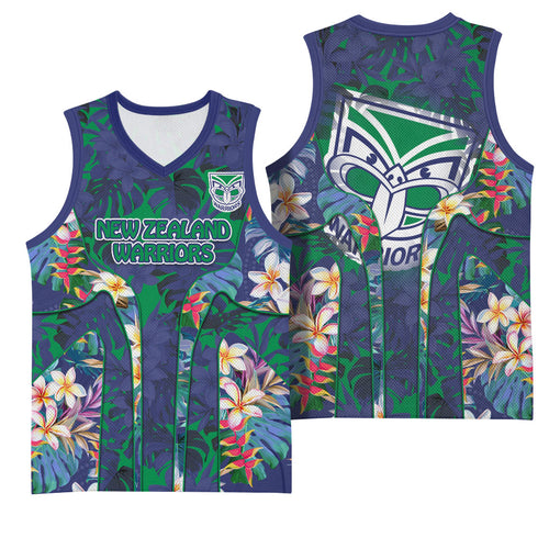 New Zealand Warriors Basketball Jersey Tropical Polynesian Floral Pattern With Green And Blue Accents