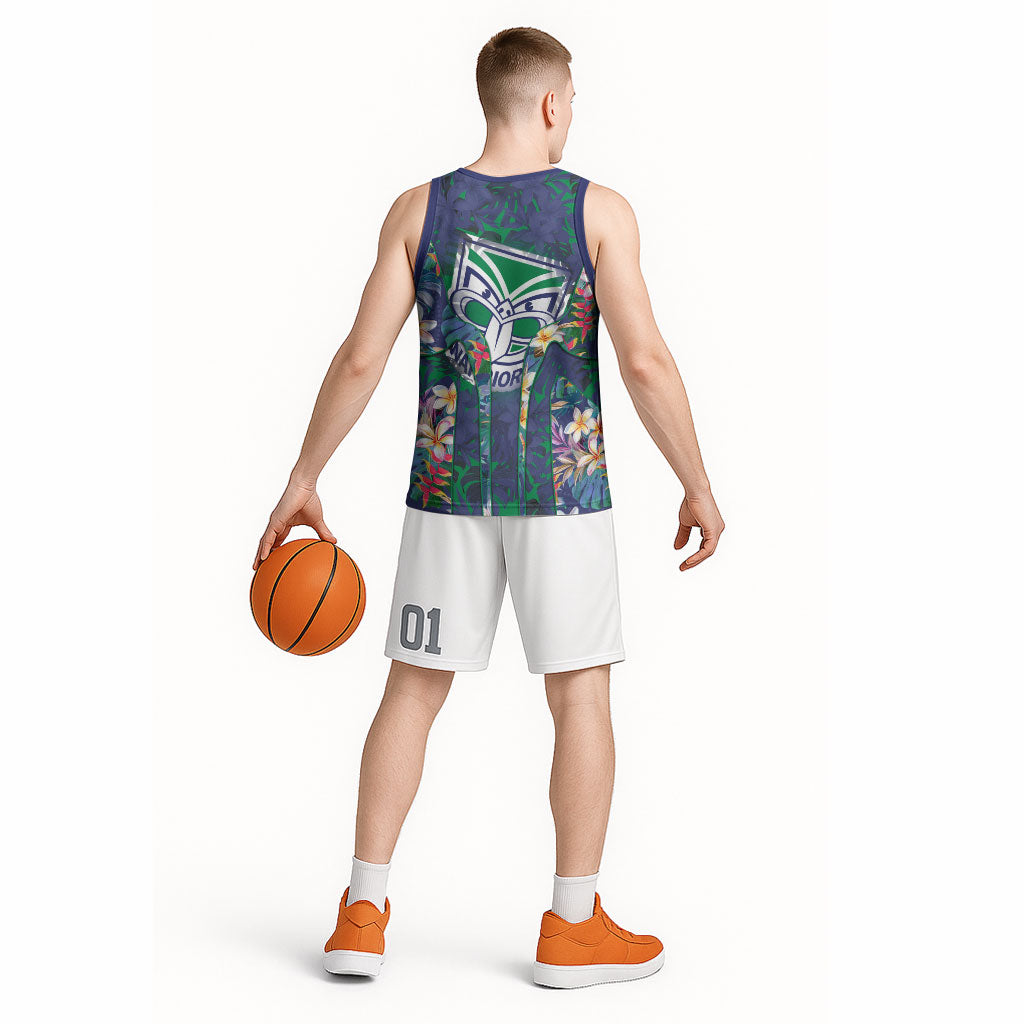 New Zealand Warriors Basketball Jersey Tropical Polynesian Floral Pattern With Green And Blue Accents