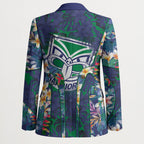 New Zealand Warriors Blazer Tropical Polynesian Floral Pattern With Green And Blue Accents