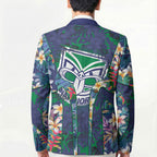 New Zealand Warriors Blazer Tropical Polynesian Floral Pattern With Green And Blue Accents
