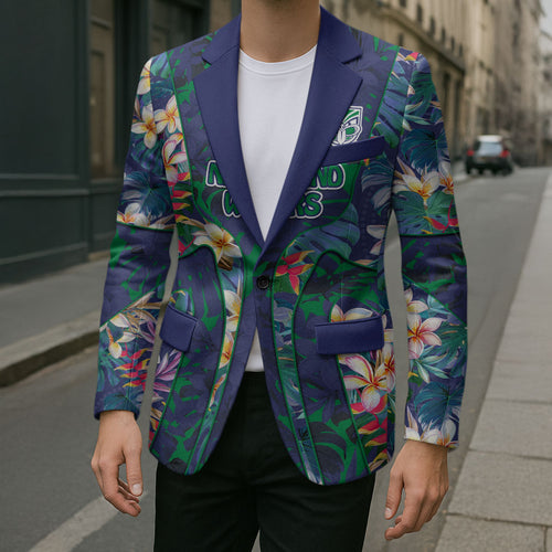 New Zealand Warriors Blazer Tropical Polynesian Floral Pattern With Green And Blue Accents