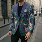 New Zealand Warriors Blazer Tropical Polynesian Floral Pattern With Green And Blue Accents