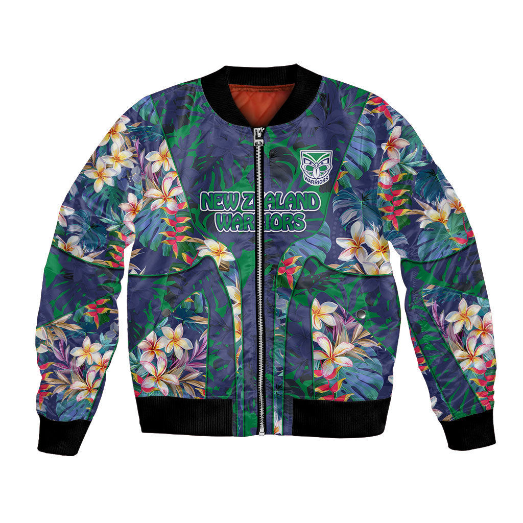 New Zealand Warriors Bomber Jacket Tropical Polynesian Floral Pattern With Green And Blue Accents