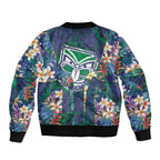 New Zealand Warriors Bomber Jacket Tropical Polynesian Floral Pattern With Green And Blue Accents
