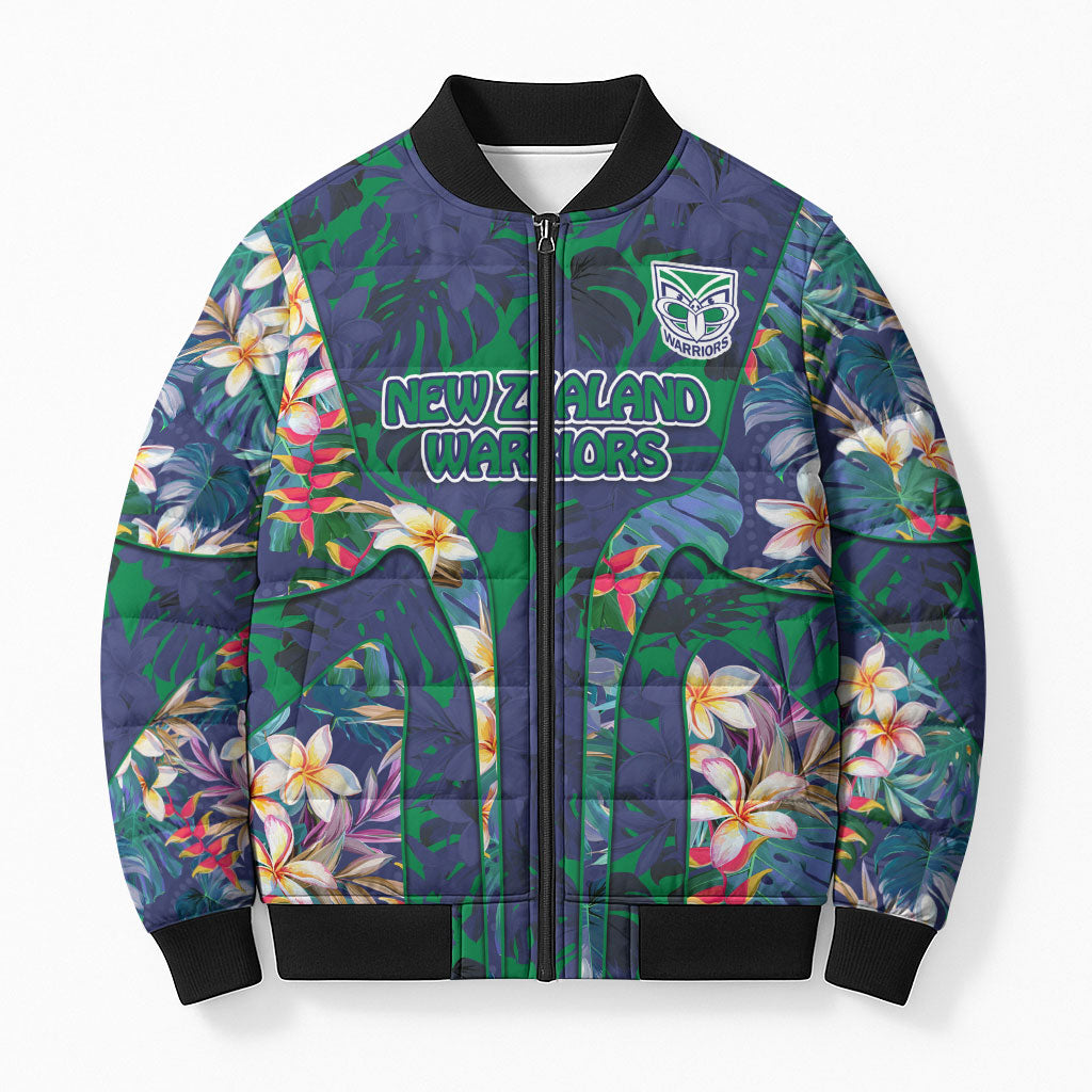New Zealand Warriors Bomber Puffer Jacket Tropical Polynesian Floral Pattern With Green And Blue Accents