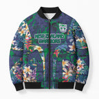 New Zealand Warriors Bomber Puffer Jacket Tropical Polynesian Floral Pattern With Green And Blue Accents