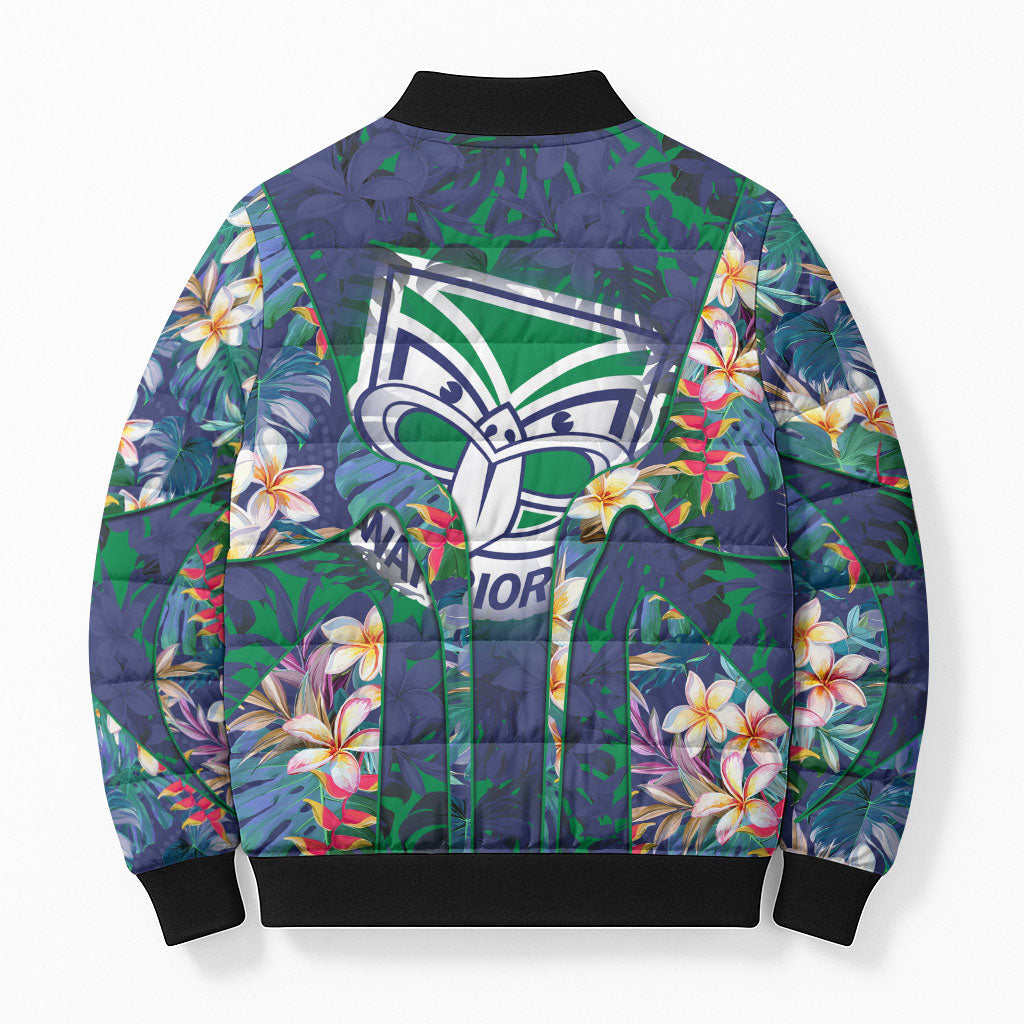 New Zealand Warriors Bomber Puffer Jacket Tropical Polynesian Floral Pattern With Green And Blue Accents