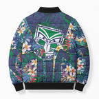 New Zealand Warriors Bomber Puffer Jacket Tropical Polynesian Floral Pattern With Green And Blue Accents