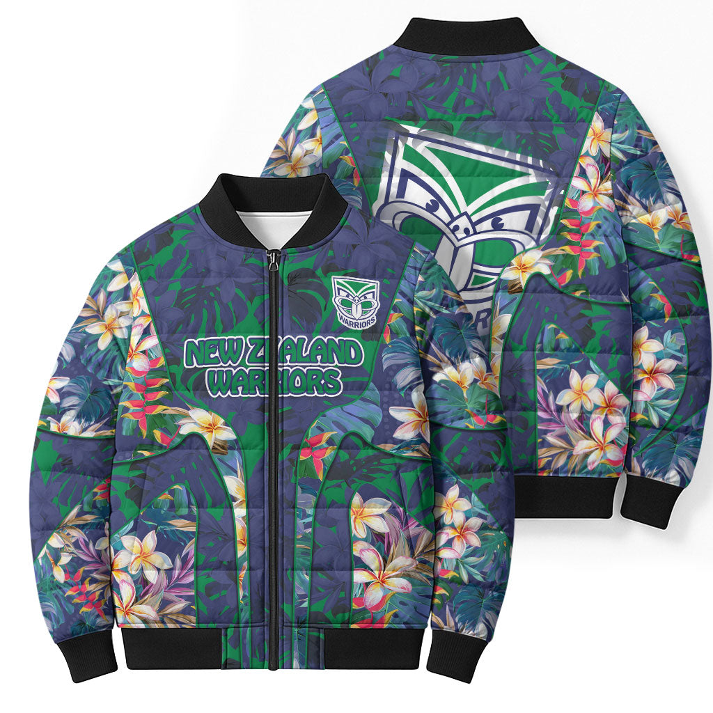 New Zealand Warriors Bomber Puffer Jacket Tropical Polynesian Floral Pattern With Green And Blue Accents