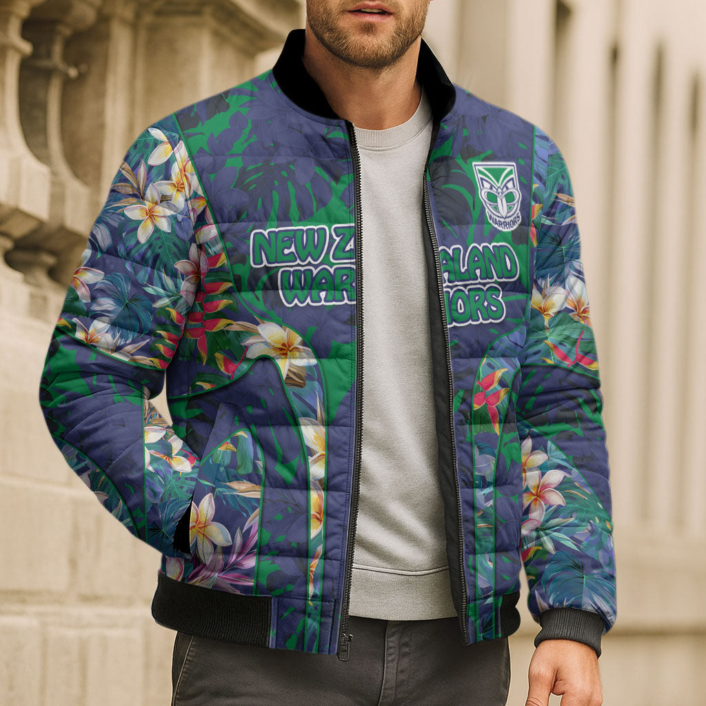 New Zealand Warriors Bomber Puffer Jacket Tropical Polynesian Floral Pattern With Green And Blue Accents