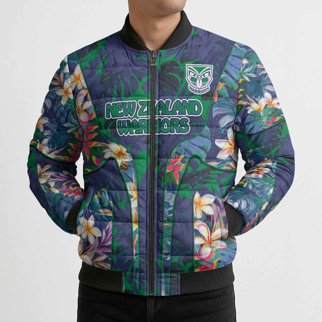 New Zealand Warriors Bomber Puffer Jacket Tropical Polynesian Floral Pattern With Green And Blue Accents