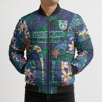 New Zealand Warriors Bomber Puffer Jacket Tropical Polynesian Floral Pattern With Green And Blue Accents