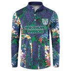 New Zealand Warriors Button Sweatshirt Tropical Polynesian Floral Pattern With Green And Blue Accents