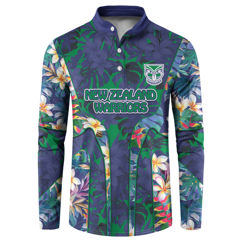 New Zealand Warriors Button Sweatshirt Tropical Polynesian Floral Pattern With Green And Blue Accents