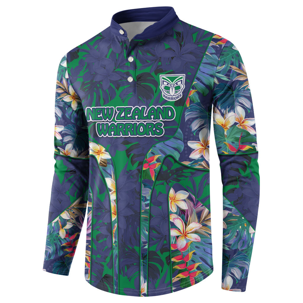 New Zealand Warriors Button Sweatshirt Tropical Polynesian Floral Pattern With Green And Blue Accents