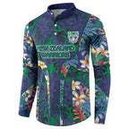New Zealand Warriors Button Sweatshirt Tropical Polynesian Floral Pattern With Green And Blue Accents