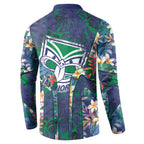 New Zealand Warriors Button Sweatshirt Tropical Polynesian Floral Pattern With Green And Blue Accents