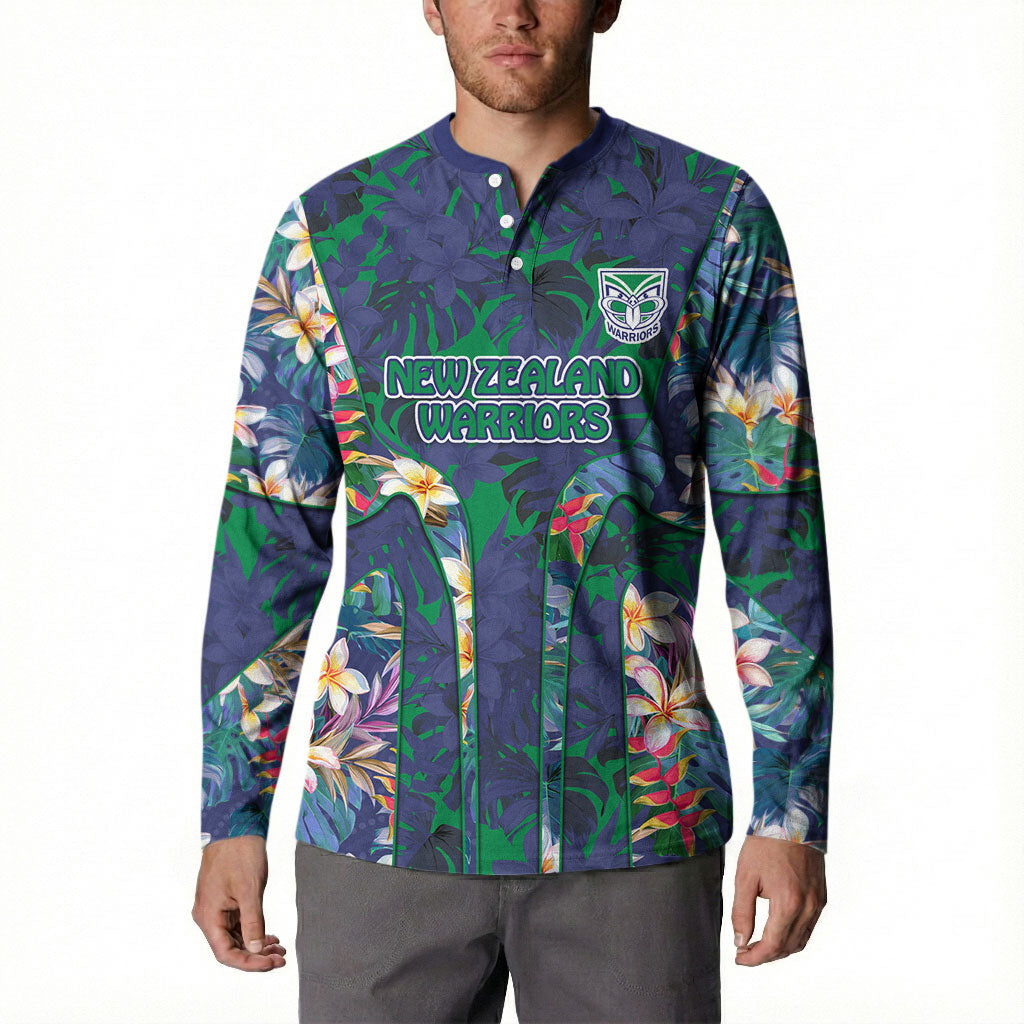 New Zealand Warriors Button Sweatshirt Tropical Polynesian Floral Pattern With Green And Blue Accents