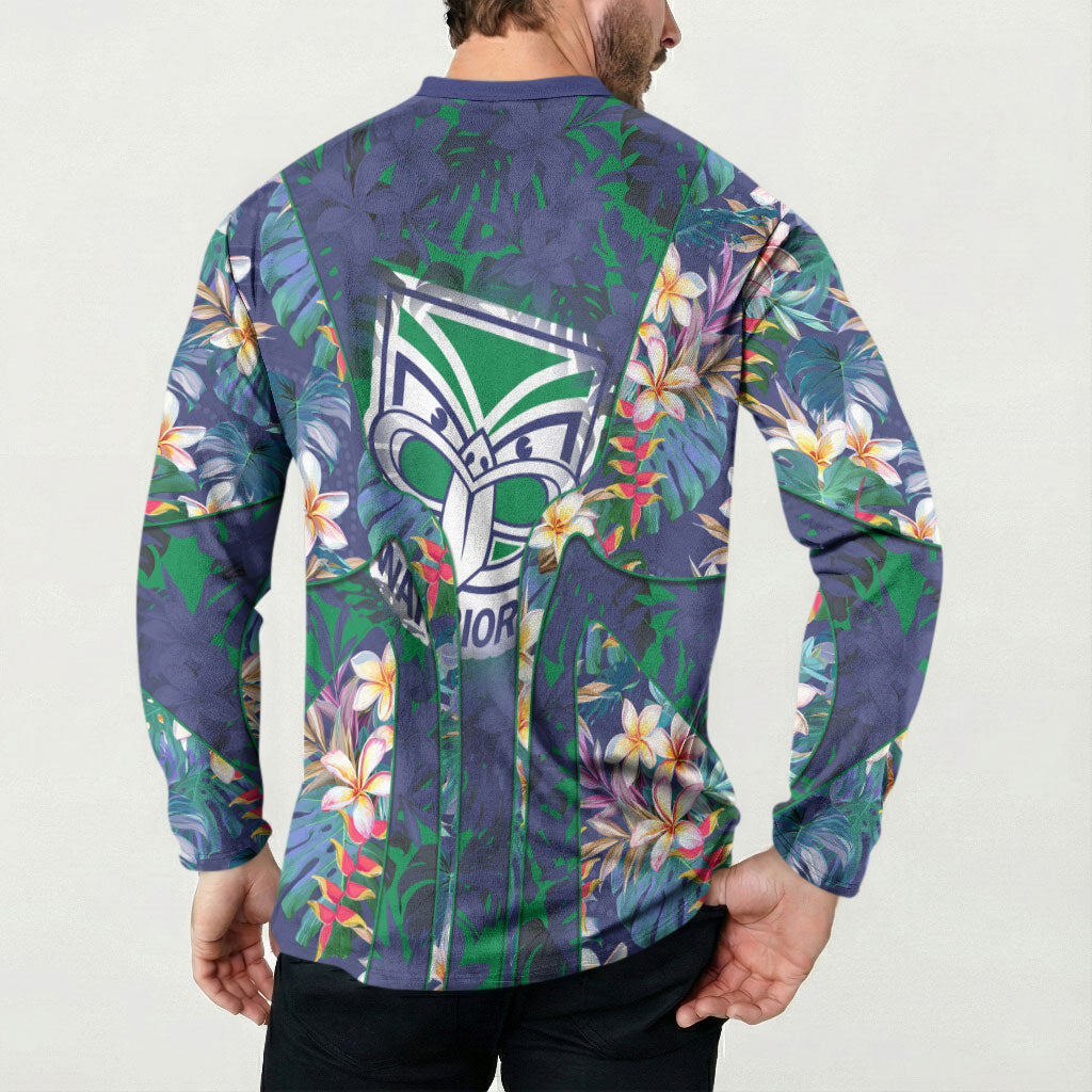 New Zealand Warriors Button Sweatshirt Tropical Polynesian Floral Pattern With Green And Blue Accents