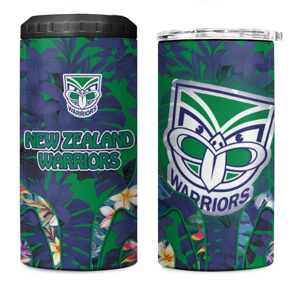 New Zealand Warriors 4 in 1 Can Cooler Tumbler Tropical Polynesian Floral Pattern With Green And Blue Accents