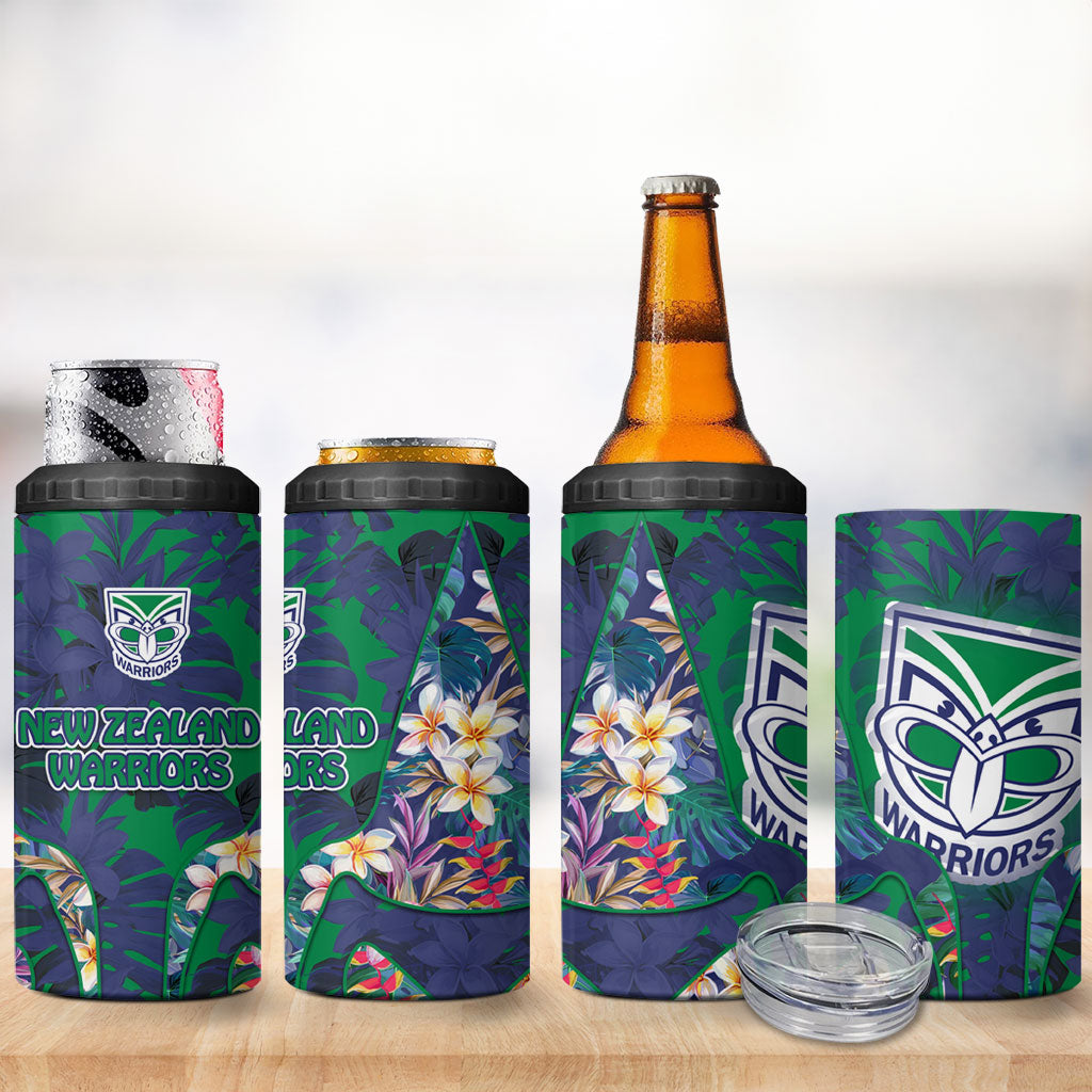 New Zealand Warriors 4 in 1 Can Cooler Tumbler Tropical Polynesian Floral Pattern With Green And Blue Accents