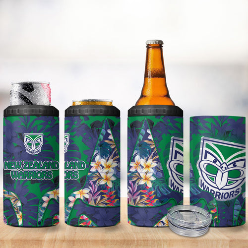 New Zealand Warriors 4 in 1 Can Cooler Tumbler Tropical Polynesian Floral Pattern With Green And Blue Accents