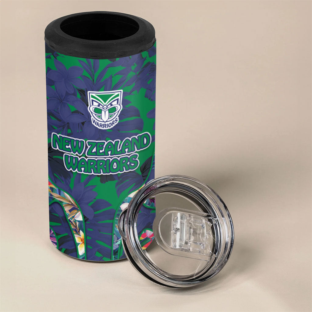 New Zealand Warriors 4 in 1 Can Cooler Tumbler Tropical Polynesian Floral Pattern With Green And Blue Accents