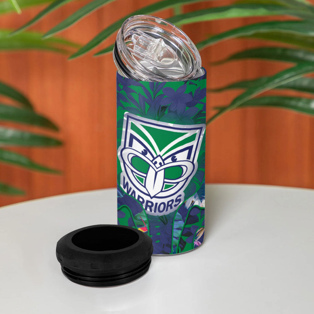 New Zealand Warriors 4 in 1 Can Cooler Tumbler Tropical Polynesian Floral Pattern With Green And Blue Accents