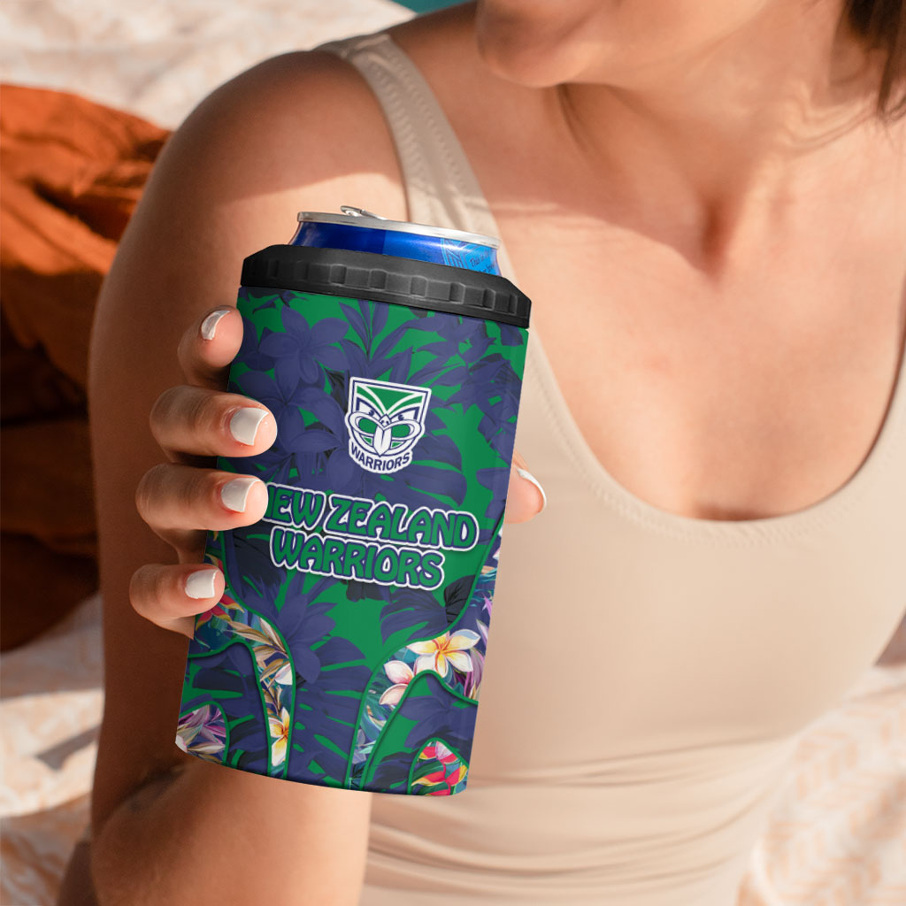 New Zealand Warriors 4 in 1 Can Cooler Tumbler Tropical Polynesian Floral Pattern With Green And Blue Accents