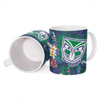 New Zealand Warriors Ceramic Mug Tropical Polynesian Floral Pattern With Green And Blue Accents